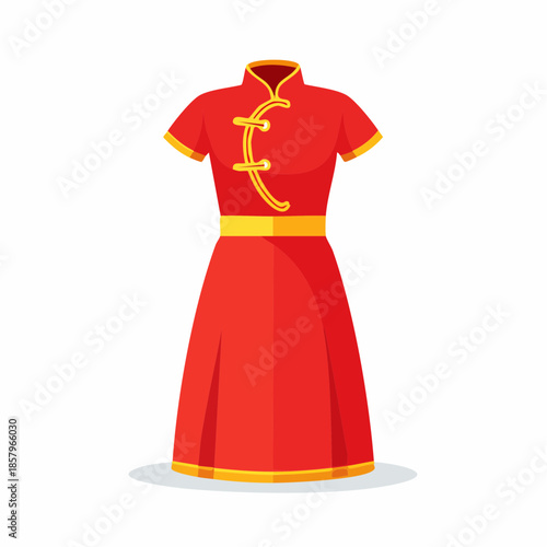 Traditional Red Chinese Dress with Yellow Trim.