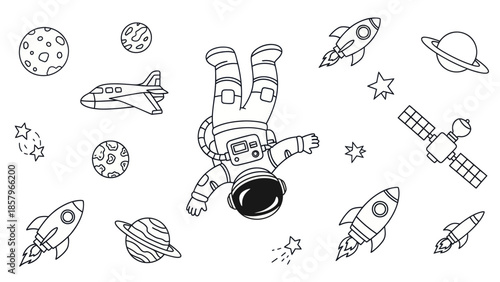 Astronaut floating in space with rockets planets and stars illustration