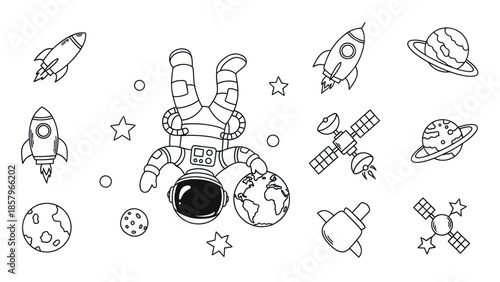 Astronaut floating in space with rockets planets stars and satellite elements