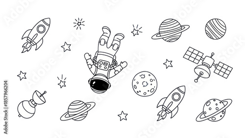 Astronaut floating in space with rockets planets stars and satellite