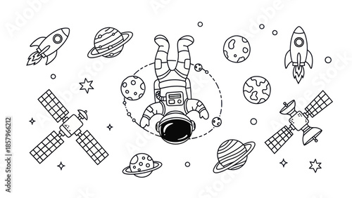 Astronaut floating in space with rockets satellites and planets vector illustration