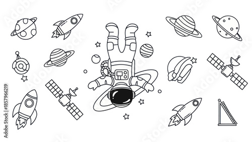 Astronaut floating in space with rockets satellites and planets vector illustration