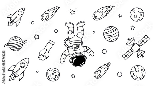 Astronaut in space surrounded by planets rockets and stars vector illustration