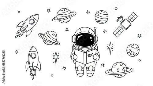 Astronaut in space reading surrounded by planets rockets and stars illustration