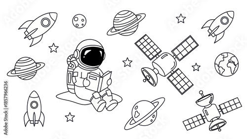Astronaut in space reading surrounded by celestial bodies illustration