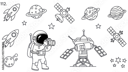 Astronaut in space capturing images with rockets planets and satellites