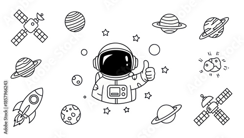 Astronaut in space with planets and rocketship illustration design