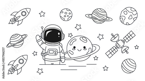 Astronaut in space with planets rocket ship and satellite vector illustration