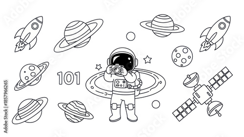 Astronaut in space with planets rockets and satellites black and white illustration