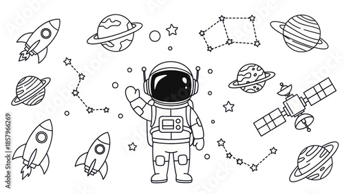 Astronaut in space with planets rocket ship and constellations vector illustration