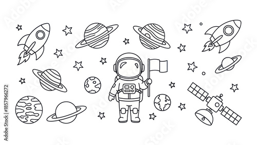 Astronaut in space with planets rocket ship and satellite vector illustration