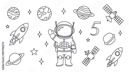 Astronaut in space with planets rockets and satellites black and white illustration