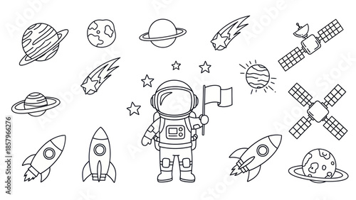 Astronaut in space with planets rockets and satellites vector illustration