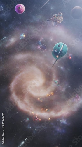 Animated Space Scene Featuring Colorful Planets and Cosmic Objects with Dynamic Motion in Deep Universe