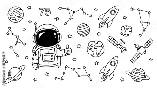 Astronaut in space with planets rockets and stars illustration