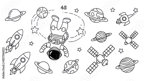 Astronaut in space with planets rockets and stars line art illustration