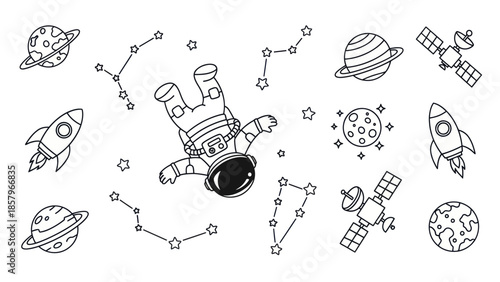 Astronaut in space with planets rockets constellations and satellites vector