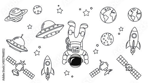 Astronaut in space with planets spaceships satellites and stars vector illustration