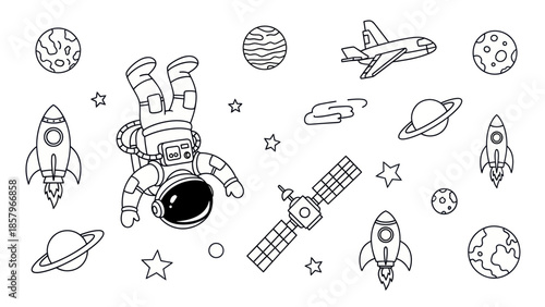 Astronaut in space with planets rockets satellite stars and airplane