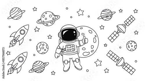 Astronaut in space with planets stars and spacecraft vector illustration
