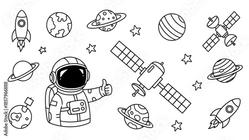 Astronaut in space with rocket and planets illustration vector design