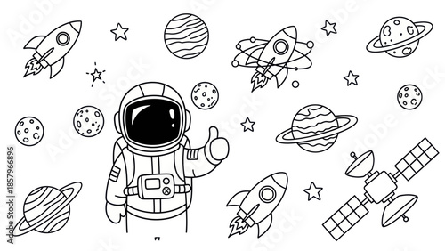 Astronaut in space with rockets and planets illustration design elements