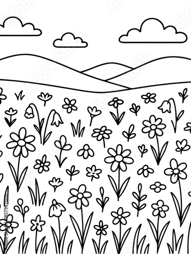 Floral Meadow in Monochrome: A field of diverse flowers and blades of grass flourish under a picturesque, cloud-dappled sky, all captured in a simple, elegant monochrome drawing.
