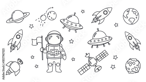 Astronaut in space with rockets planets and satellite on white background