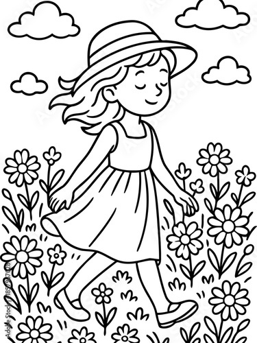 A Girl Walking Through Field: A cheerful girl, in a sunhat and dress, strolls peacefully through a vibrant field of flowers under a friendly sky.