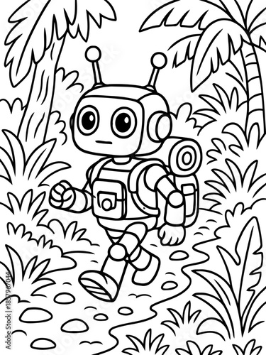 Robot explorer in the jungle: A charming robot explorer ventures through a lush jungle, embarking on a digital adventure filled with curiosity and exploration. 