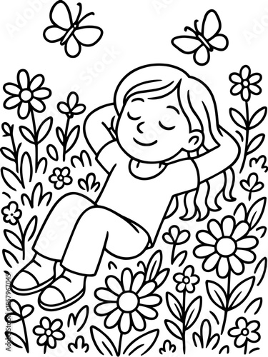 Peaceful Slumber Amidst Blooms: A serene illustration shows a girl peacefully reclining among a vibrant field of flowers, with butterflies fluttering above. This image depicts tranquility.