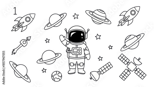Astronaut in space with rockets planets and satellites black and white illustration