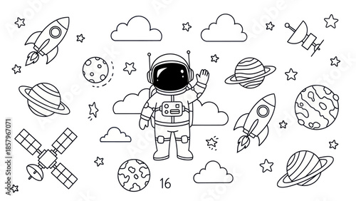 Astronaut in space with rockets planets and satellites vector illustration