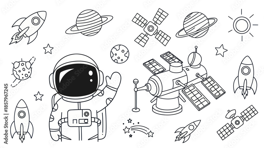 Fototapeta premium Astronaut in space with rockets satellites and planets vector illustration