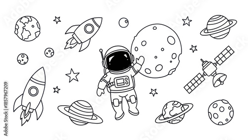 Astronaut in space with rockets planets stars and satellite illustration