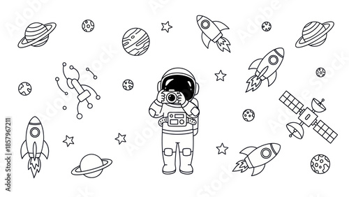 Astronaut in space with rockets planets and stars black and white vector