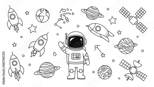 Astronaut in space with rockets planets stars and satellite illustration