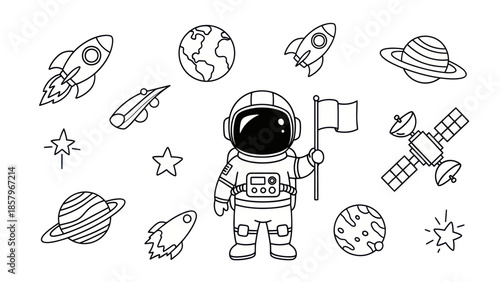 Astronaut in space with rockets planets stars and satellite illustration