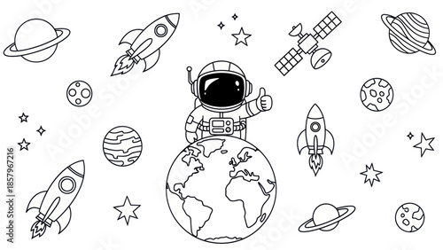 Astronaut in space with rockets planets stars and satellite illustration