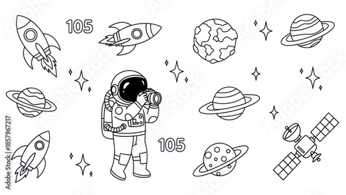 Astronaut in space with rockets planets stars and satellite illustration