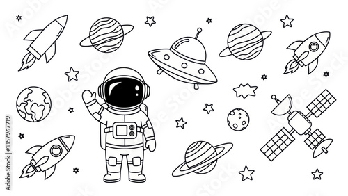 Astronaut in space with rockets planets stars and satellite illustration
