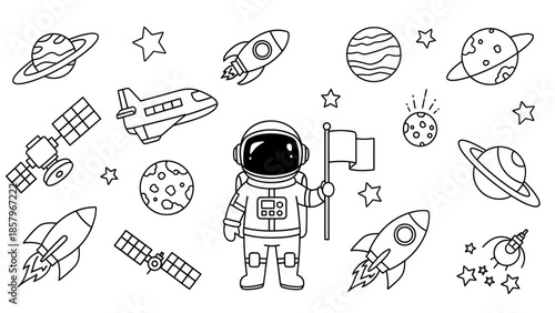 Astronaut in space with rockets planets stars and spacecraft illustration