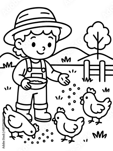 Farmer's Generosity: An illustration captures a cheerful farmer, adorned with a hat and overalls, providing sustenance to a flock of chickens within a pastoral setting.