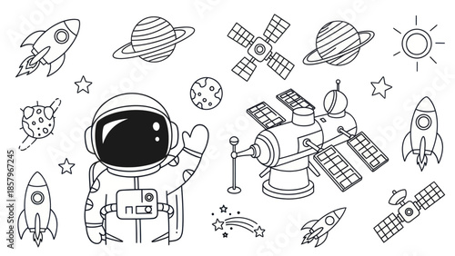 Astronaut in space with rockets satellites and planets vector illustration
