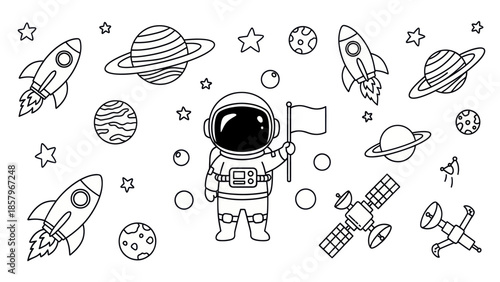 Astronaut in space with rockets planets stars for educational and creative projects