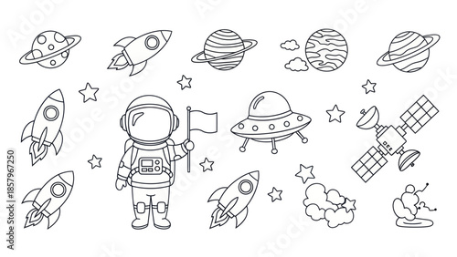 Astronaut in space with rockets planets and stars vector illustration