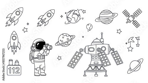 Astronaut in space with rockets planets stars and satellite vector illustration