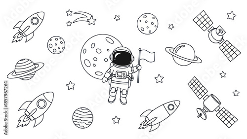 Astronaut in space with rockets planets and stars vector illustration