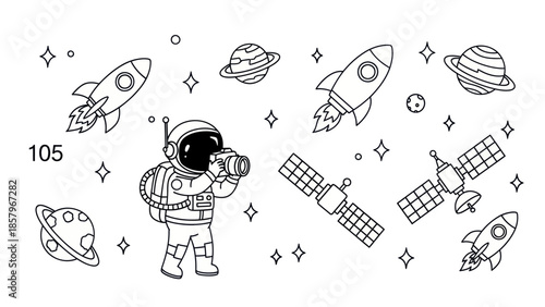 Astronaut in space with rockets satellites and planets vector illustration