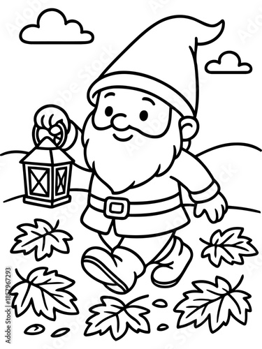 Guardian of the Garden: A whimsical garden gnome with a flowing white beard and jovial expression strides purposefully through a bed of fallen leaves, holding a lantern aloft to light his way.